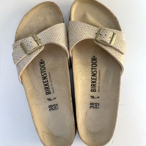 Birkenstock Single-Strap Sandals in Light Beige with Gold Buckles